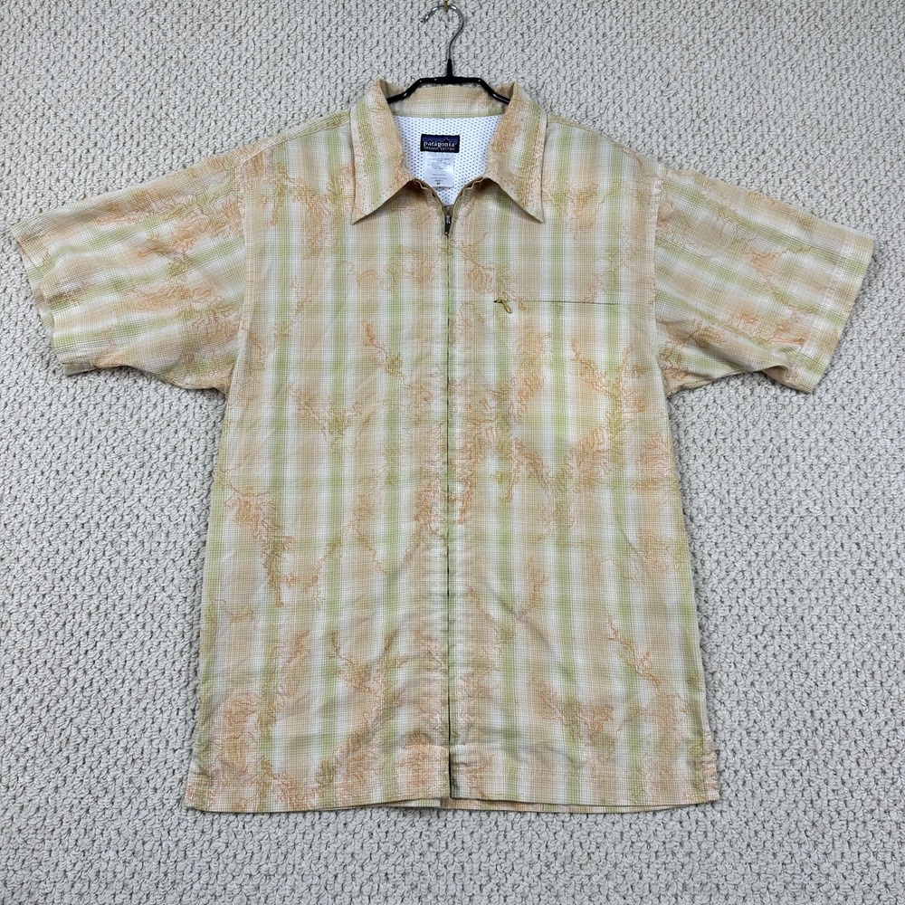 Patagonia Sideburn Shirt Mens M Orange Topography Full Zip Short Sleeve Rhythm
